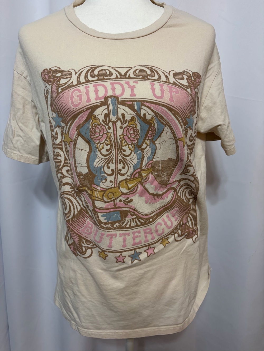 Altar'd State Cream Graphic 'Giddy Up Buttercup' Tee with Pink & Blue Accents